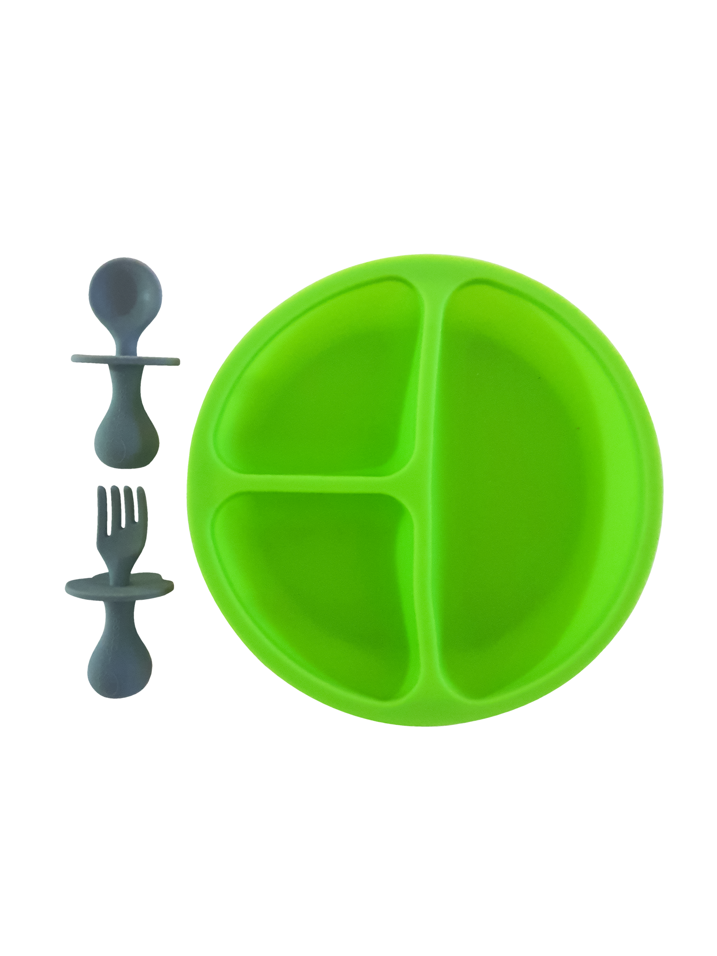 Silicone Divided Toddler Plate with Non-Choking Fork & Spoon Set - Green
