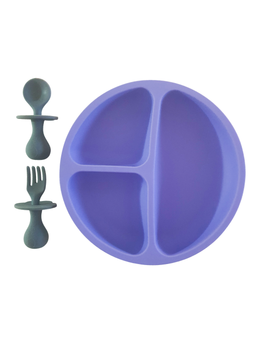 Silicone Divided Toddler Plate with Non-Choking Fork & Spoon Set - Purple