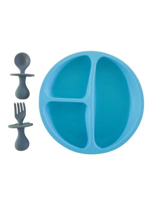 Silicone Divided Toddler Plate with Non-Choking Fork & Spoon Set - Aqua
