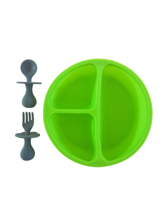 Silicone Plate with Non-Choking Fork & Spoon Set - Green