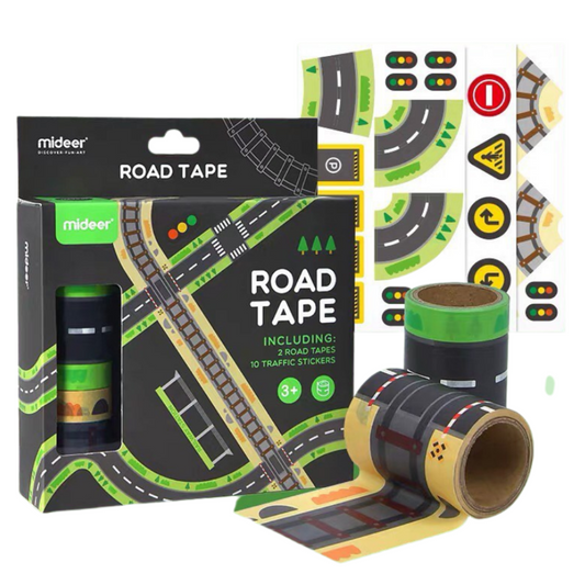 Mideer road tape set with packaging and road tape rolls on a white background